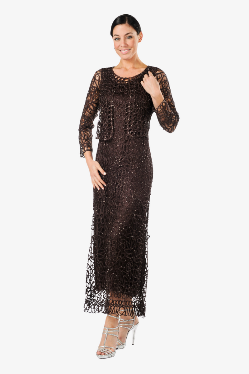 Soulmates C12016 Beaded Silk Lace 2-Piece Maxi Dress - Espresso