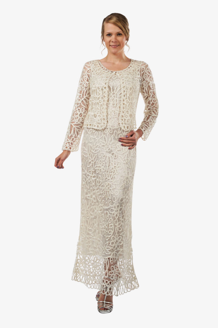 Soulmates C12016 Beaded Silk Lace 2-Piece Maxi Dress - Ivory