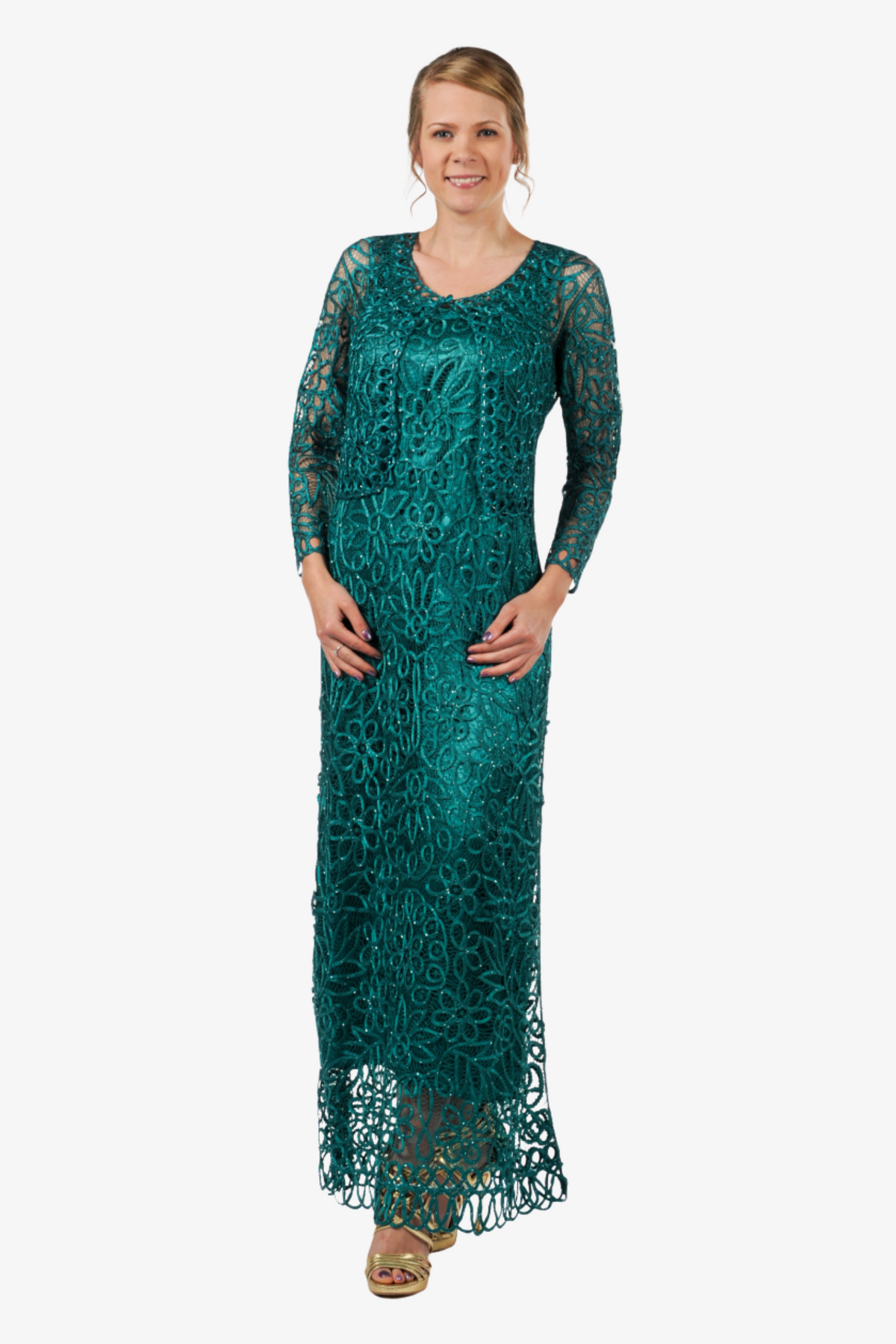 Soulmates C12016 Beaded Silk Lace 2-Piece Maxi Dress - Jade