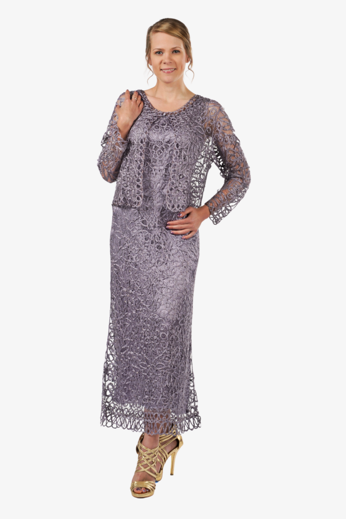 Soulmates C12016 Beaded Silk Lace 2-Piece Maxi Dress - Lavender