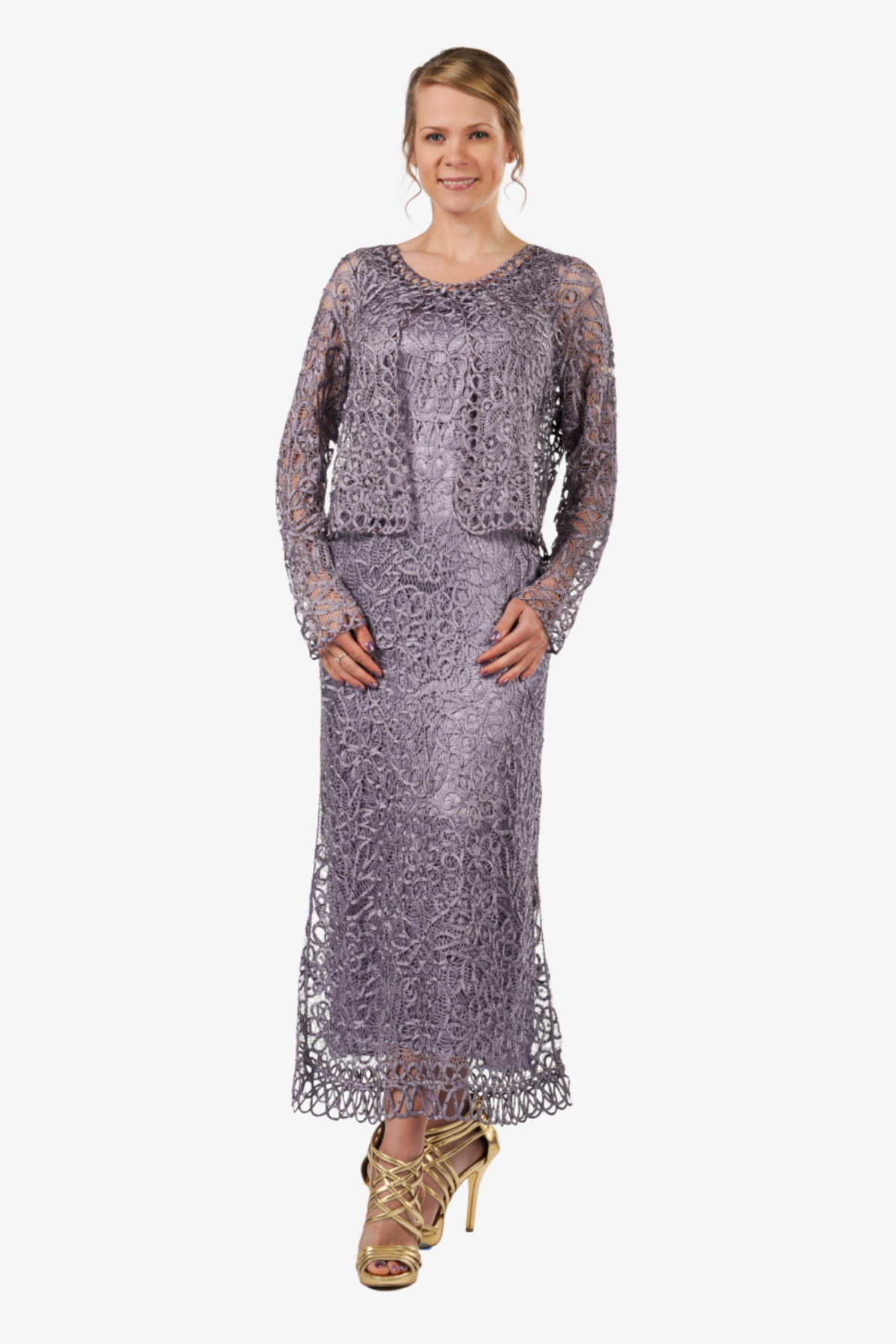 Soulmates C12016 Beaded Silk Lace 2-Piece Maxi Dress - Lavender