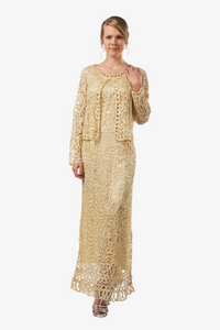 Soulmates C12016 Beaded Silk Lace 2-Piece Maxi Dress - Light Gold