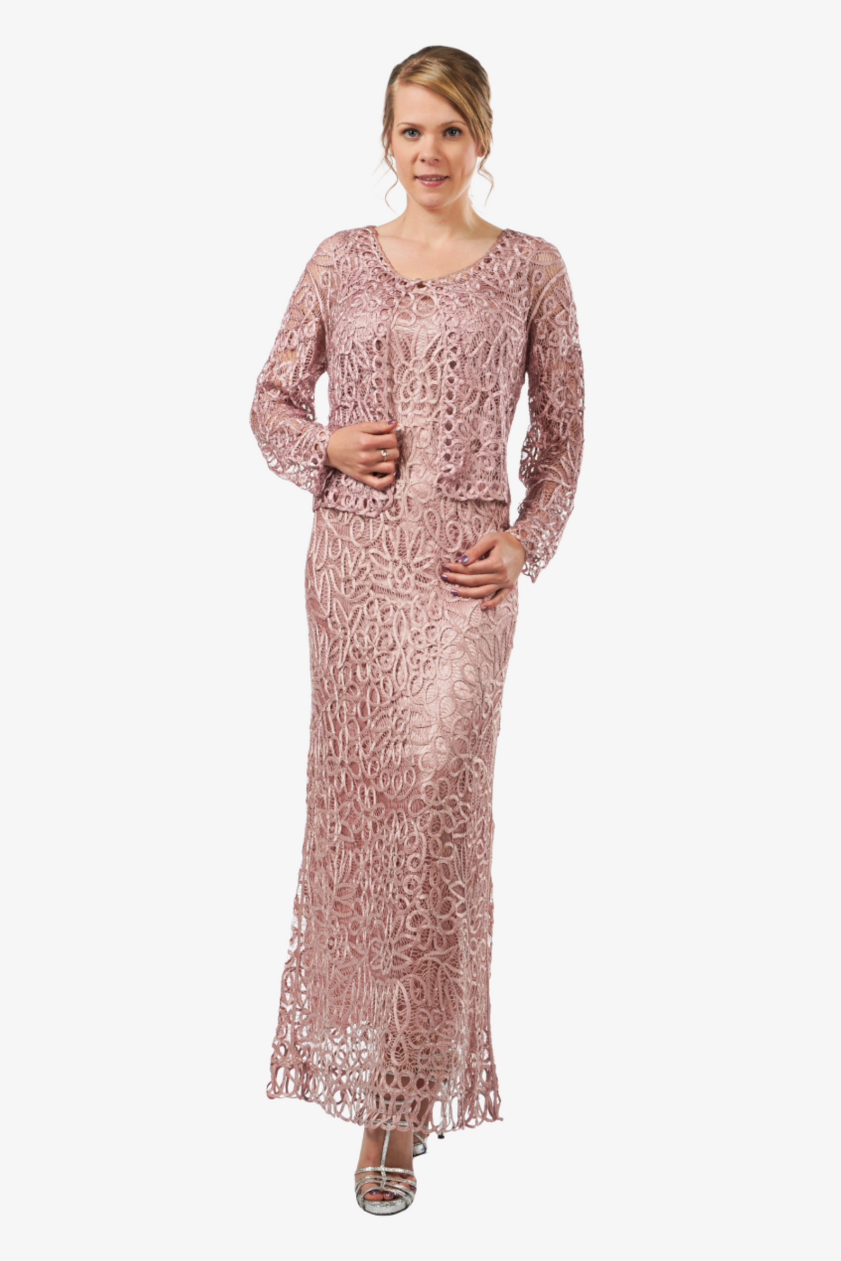 Soulmates C12016 Beaded Silk Lace 2-Piece Maxi Dress - Mauve