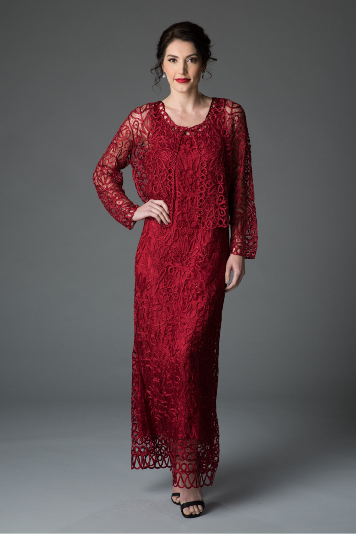 Soulmates C12016 Beaded Silk Lace 2-Piece Maxi Dress - Merlot