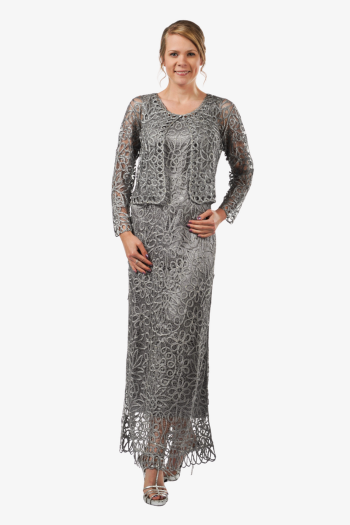 Soulmates C12016 Beaded Silk Lace 2-Piece Maxi Dress - Pewter