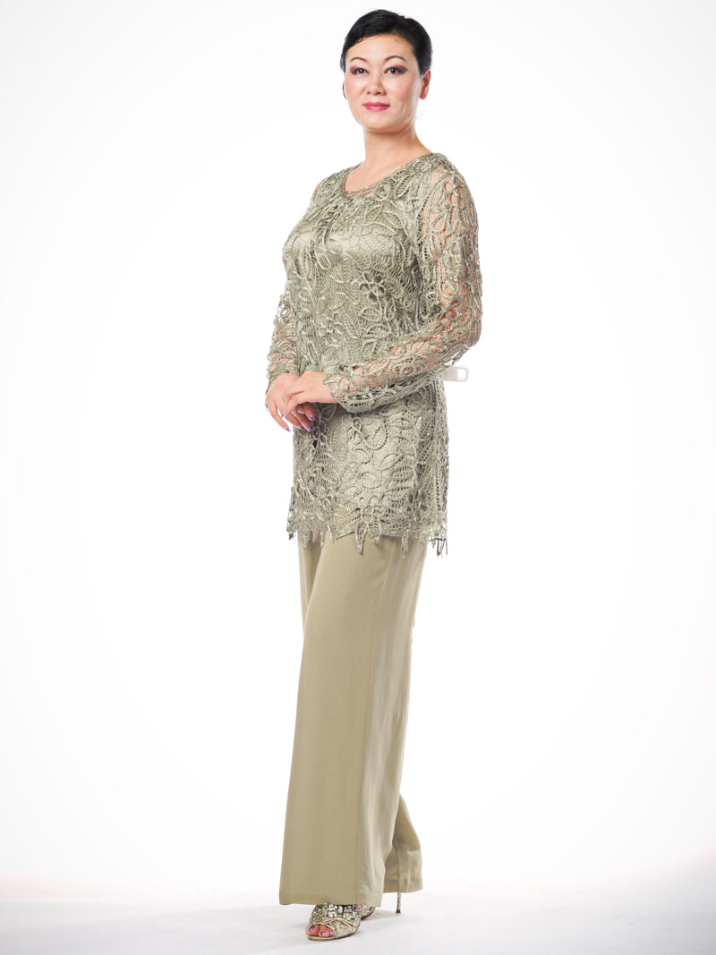 K248019_Classic Jade Chiffon Tunic Top and Pant Set with Boat Neckline and  Asymmetrical Long Sleeves with Hand Beaded Trim